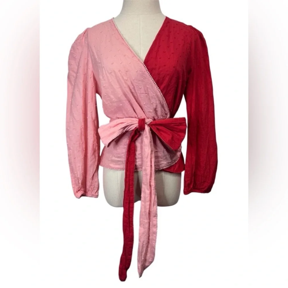NEW Farm Rio Colorblock Boho Wrap Blouse Women's XL Pink & Red Swiss Dot Top NWT